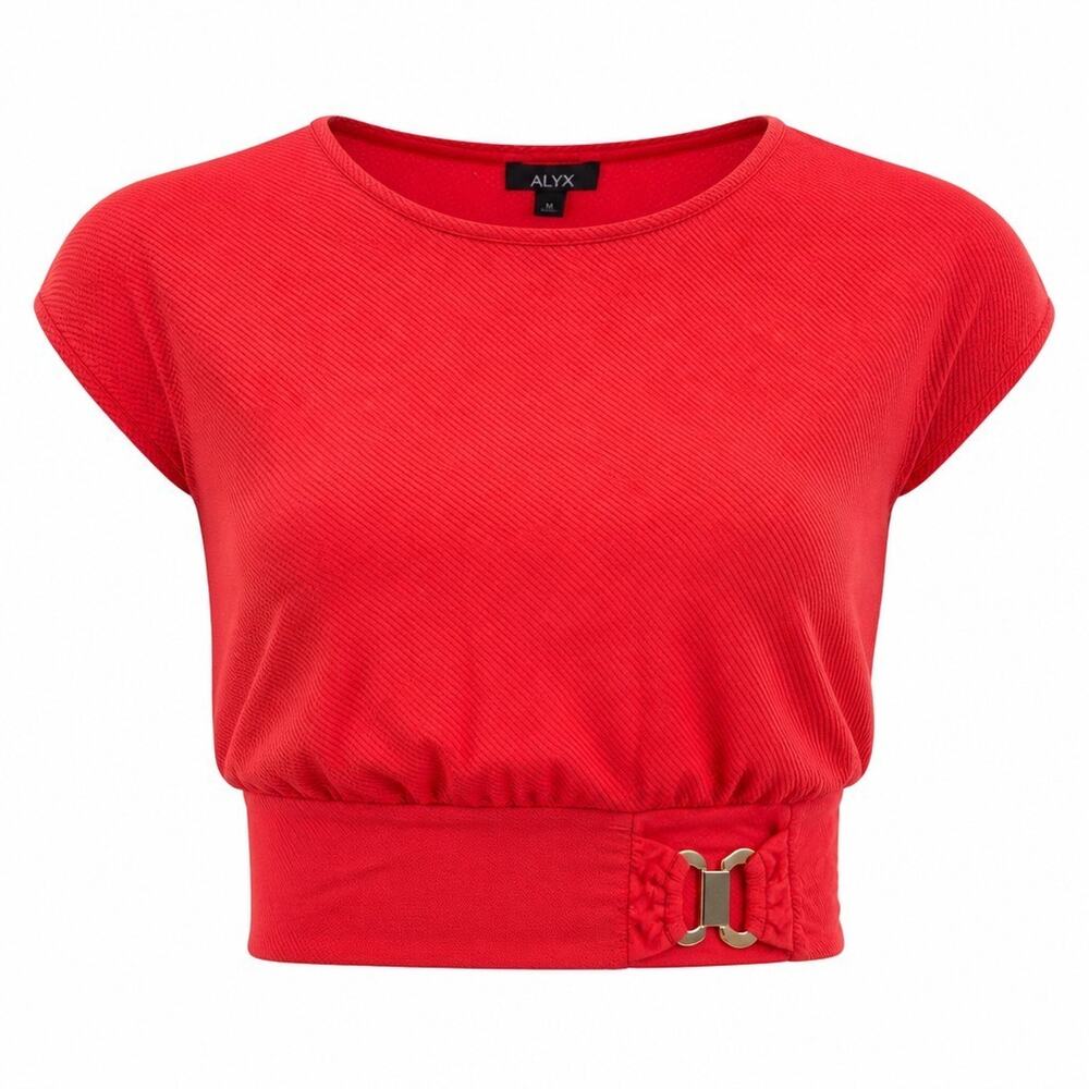 Alyx Textured Knit Top Womens XL Coral Red Gold Hardware Short Sleeve Blouse